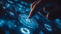 A hand interacts with a digital touchscreen, featuring glowing blue, circular and linear interface elements.