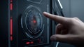 A hand interacts with futuristic biometric scanner, showcasing advanced technology and security Royalty Free Stock Photo