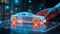 Hand interacts with futuristic car design. AI-powered prototyping next-gen vehicle development. Digital modeling process