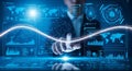 Hand interacting with futuristic interface featuring global data and analytics Royalty Free Stock Photo