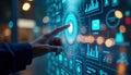 Hand interacts with futuristic digital interface. Person touches interactive display screen with glowing tech elements. Data