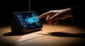 A person's hand interacts with a futuristic digital tablet displaying complex data on its illuminated screen. Royalty Free Stock Photo
