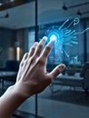 A hand interacts with a futuristic holographic interface displaying digital graphics, such as data lines and a graph Royalty Free Stock Photo