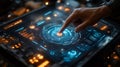 Futuristic touch screen interface technology hand interacting with digital display concept design Royalty Free Stock Photo