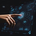 A hand interacts with a futuristic, transparent touch screen displaying various