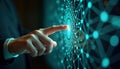Hand interacts with glowing digital interface. Data points connect forming network. Tech illustration captures AI, network Royalty Free Stock Photo