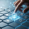 Finger pressing glowing digital shield icon on futuristic keyboard symbolizing cybersecurity and data protection Royalty Free Stock Photo