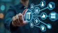 Hand interacts with glowing icon with connected symbols. Information tech, digital network, automation, cloud, ai, future Royalty Free Stock Photo