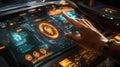 A hand interacts with a high-tech touchscreen display featuring vibrant graphics and futuristic controls in a modern setting Royalty Free Stock Photo
