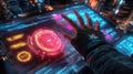 A hand interacts with a high-tech touchscreen display featuring vibrant graphics and futuristic controls in a modern setting Royalty Free Stock Photo