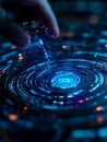 A hand interacts with a holographic interface symbolizing the exchange of information and knowledge through AIpowered platforms