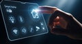 Hand interacts with smart home control panel interface on a futuristic touch screen device Royalty Free Stock Photo