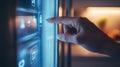 A hand interacts with a smart refrigerator interface Royalty Free Stock Photo