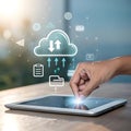 Cloud Storage Concept with Hand Interacting with Tablet Royalty Free Stock Photo