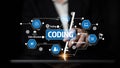 Focused hand on touchscreen with coding graphics, showcasing coding, data structure, source code, process, and testing Royalty Free Stock Photo