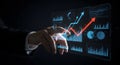 Businessman interacting with futuristic digital financial dashboard showing growth charts and data visualization. Royalty Free Stock Photo