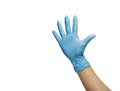 hand an invisible man in a blue glove made of nitrile shows a gesture Royalty Free Stock Photo