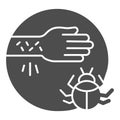 Hand with irritate skin and beetle solid icon, Allergy symptoms concept, Allergy to beetles sign on white background