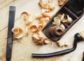 Hand jack plane and wood chips Royalty Free Stock Photo