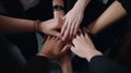 Hand join together for work togetherness, Hand stack for business and service, Team volunteering or teamwork. Generative AI