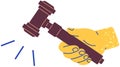 Hand of judge holding wooden gavel. Wood hammer of chairman, court brown mallet as symbol of justice