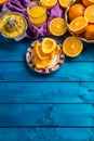 Hand juicer and fresh oranges.Tropical fresh fruits Royalty Free Stock Photo