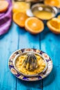 Hand juicer and fresh oranges.Tropical fresh fruits Royalty Free Stock Photo