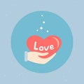 Hand keeping big red heart with word Love. Romantic pictogram in circle. Story highlights circle icons. Trendy cute elements Love Royalty Free Stock Photo