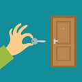 Hand with a key opens or closes the door. Flat