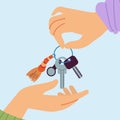 Hand with key. Renting car or house, hand give keys to over person. Buying property or sell vehicle. Sharing auto or
