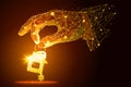 Hand with keys from the house a golden dust effect. Polygonal wireframe from dots and lines, abstract design Royalty Free Stock Photo