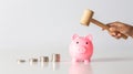 Hand of kid holding coin put in piggy bank with money stack growing growth saving money, Concept invesment for financial freedom Royalty Free Stock Photo