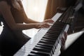 Hand kids practice play piano for up skill of music Royalty Free Stock Photo