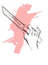 Hand with a knife. Vector sketch on white background. The killer`s hand.