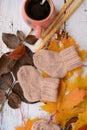 Hand-knitted brown baby socks, on white wooden background with autumn decorations Royalty Free Stock Photo