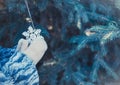 Hand-knitted snowflake in hands dressed in mittens on the background of a snow-covered Christmas tree