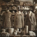 Display of hand-knitted sweaters and cardigans on mannequins surrounded by spools of thread in a rustic shop. Royalty Free Stock Photo