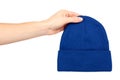 Hand with knitted wool hat, head accessory clothing Royalty Free Stock Photo