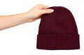 Hand with knitted wool hat, head accessory clothing Royalty Free Stock Photo