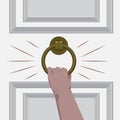 Hand knock on the door of the room. Flat and solid color vector illustration. Royalty Free Stock Photo