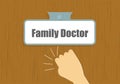 Hand knocking to doctor`s door illustration. Family doctor visit concept.