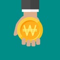 Hand with korean won coin. Vector flat illustration on blue. Give, receive, take, earn money