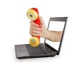 Hand of a laptop holding red telephone Royalty Free Stock Photo