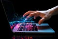 Hand and laptop with neon light on the black background. Hacker concept. AI generated Royalty Free Stock Photo