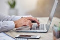 Hand, laptop and research with the hands of a business man typing an email on a keyboard in the office at work. Computer Royalty Free Stock Photo