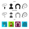 Hand lasso, cowboy, horseshoe, whip. Rodeo set collection icons in black, flat, monochrome style vector symbol stock