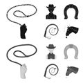 Hand lasso, cowboy, horseshoe, whip. Rodeo set collection icons in black,monochrom style vector symbol stock