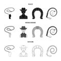 Hand lasso, cowboy, horseshoe, whip. Rodeo set collection icons in black,monochrome,outline style vector symbol stock Royalty Free Stock Photo