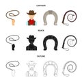 Hand lasso, cowboy, horseshoe, whip. Rodeo set collection icons in cartoon,black,outline style vector symbol stock
