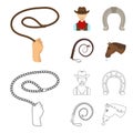 Hand lasso, cowboy, horseshoe, whip. Rodeo set collection icons in cartoon,outline style vector symbol stock